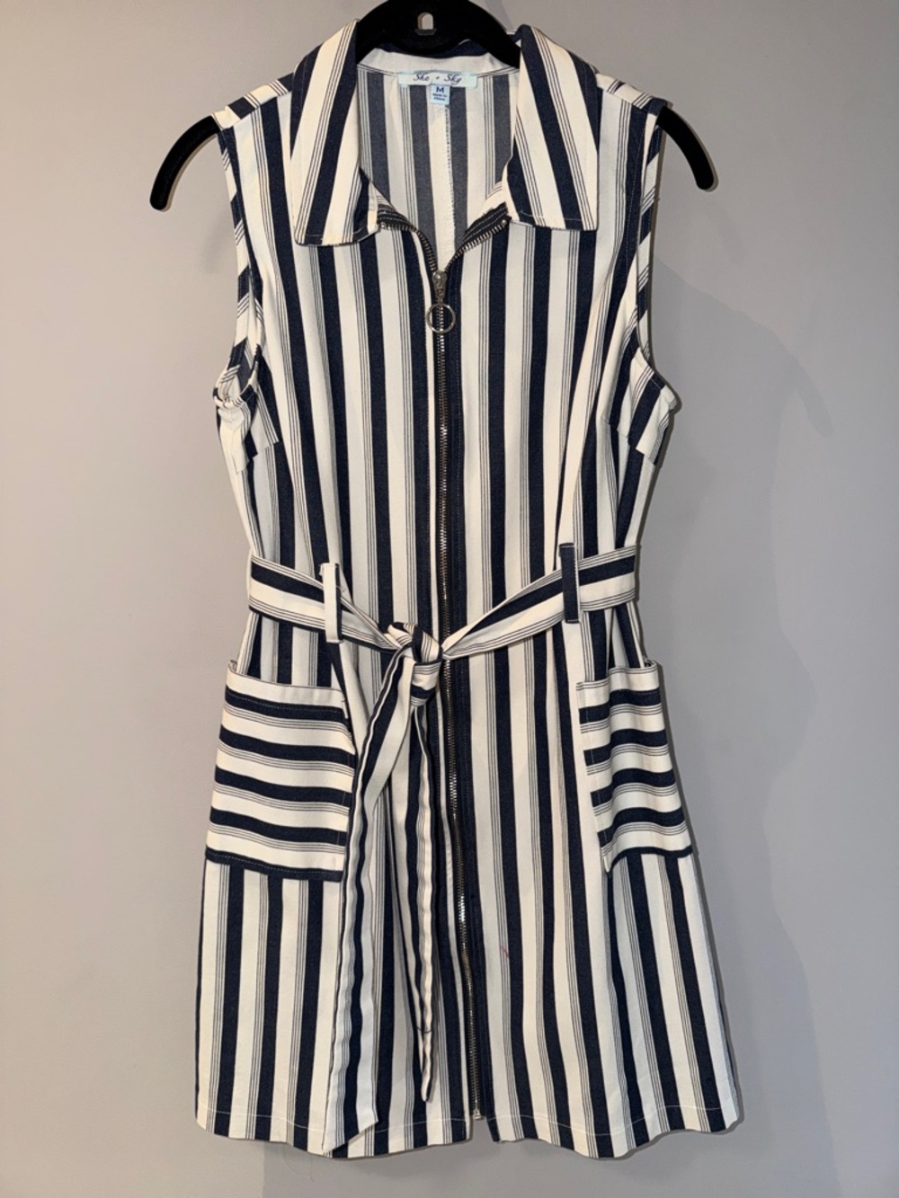 She + Sky Navy and White Striped Sleeveless Zip-Front Shirt Dress